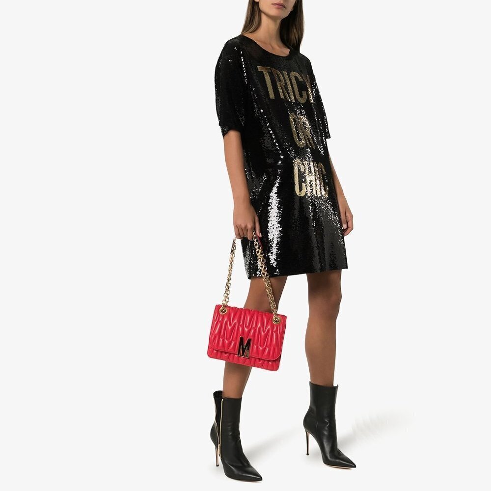 NWT Moschino TRICK OR CHIC black & gold sequin mini holiday dress - Picture 3 of 11